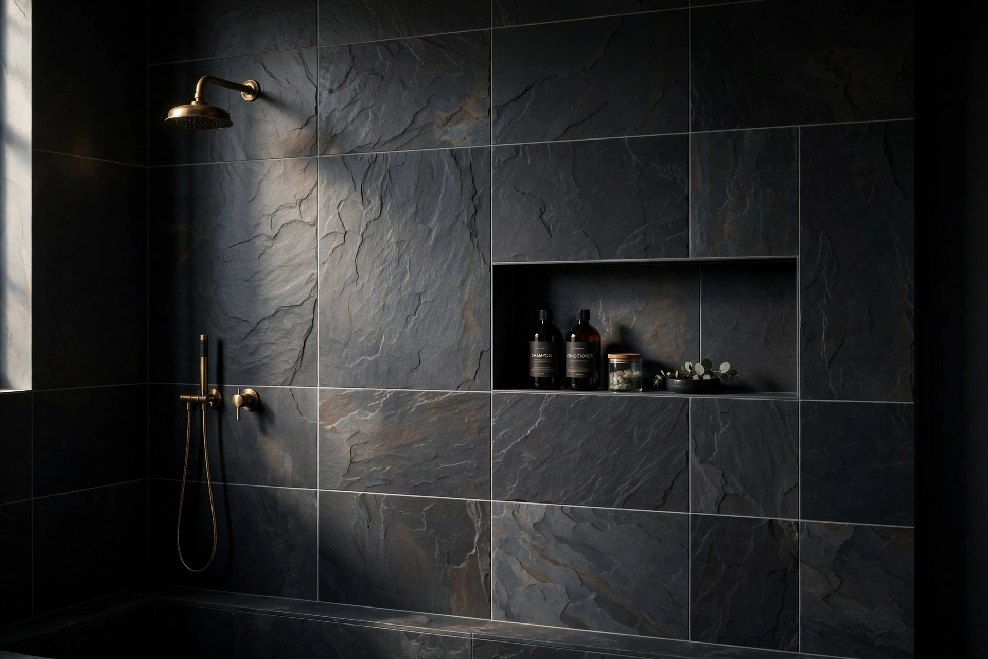 Finished dark slate tile shower wall with straight grout lines