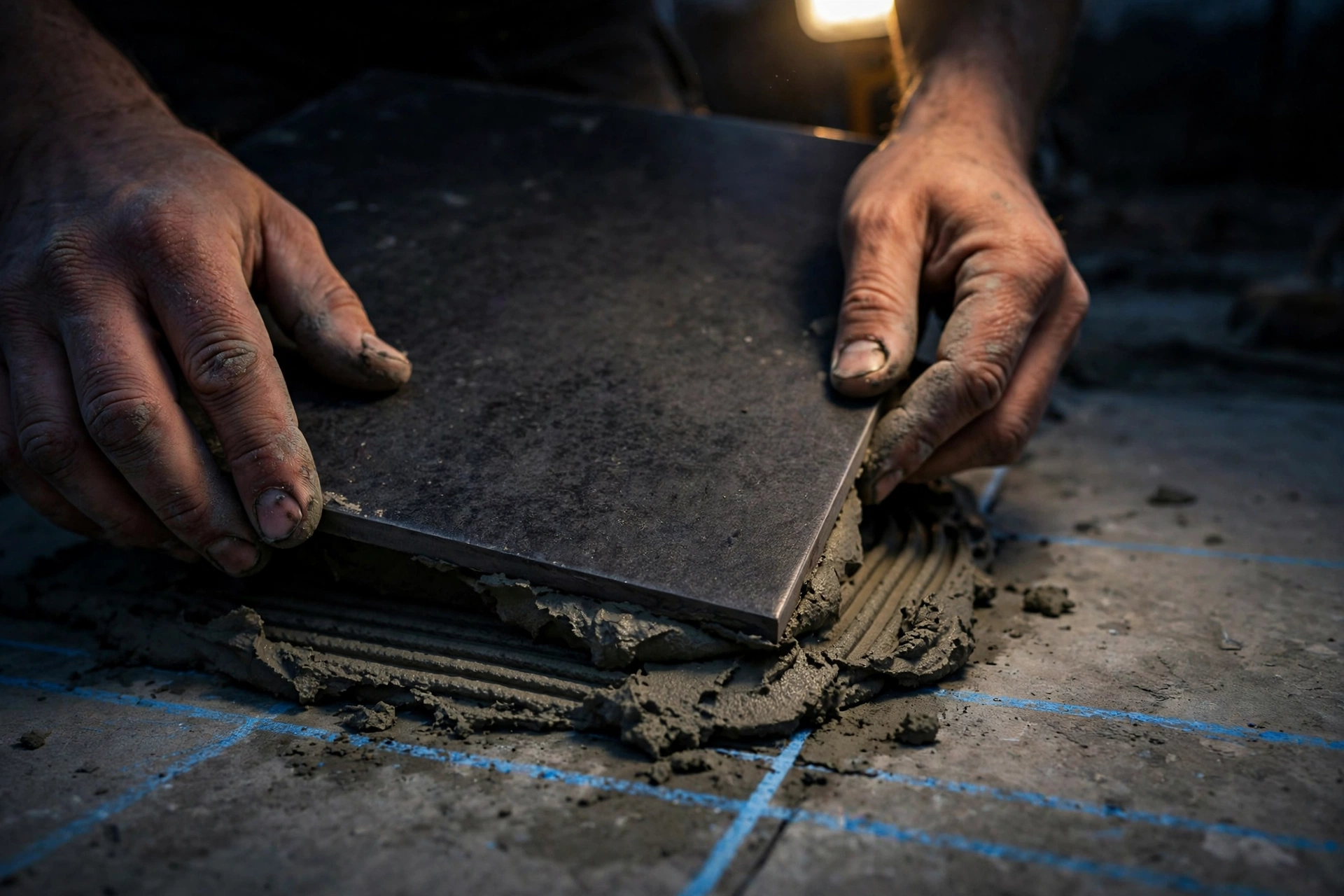 Tile setter pressing a large dark tile into thinset along a blue chalk snap line